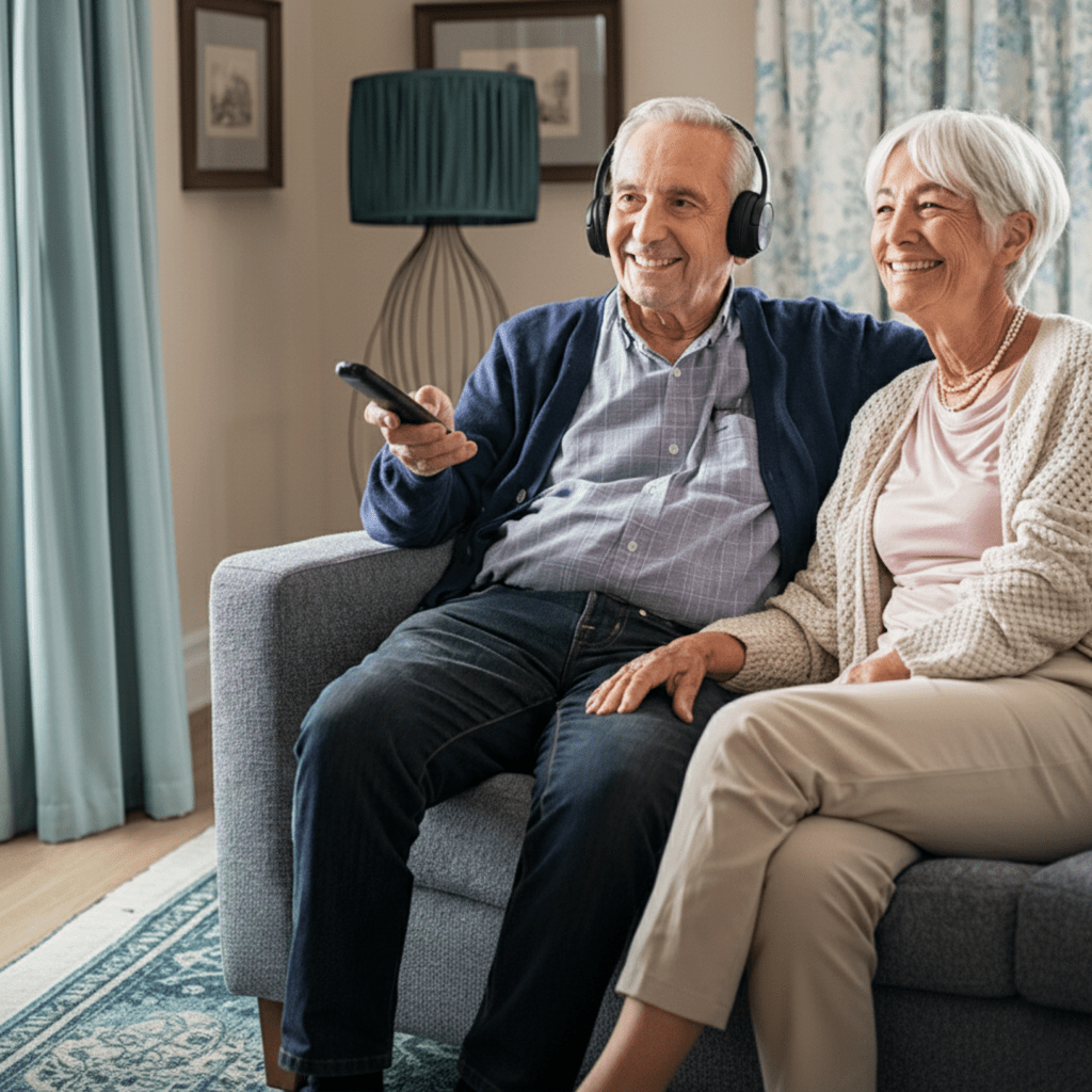 Senior couple enjoying crystal clear TV sound with wireless headphones