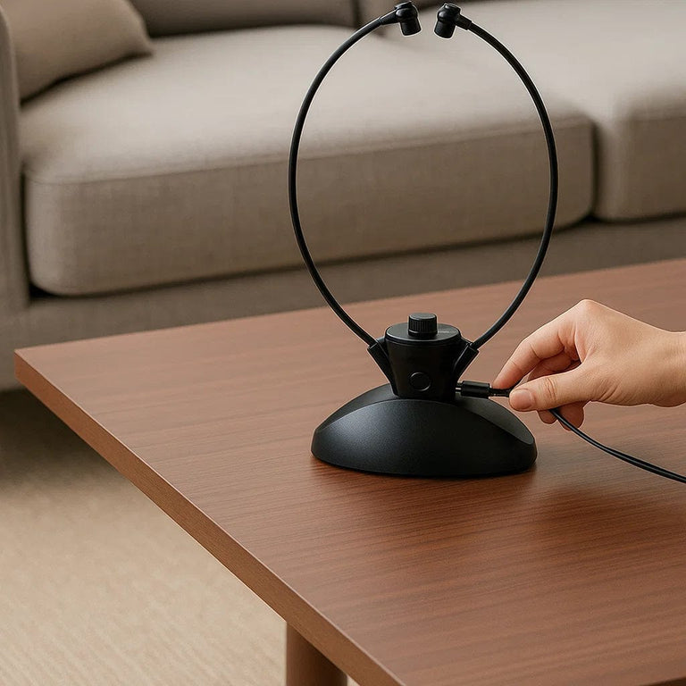 Wireless TV listening headset on a charging dock with hand plugging in the power cable, showing easy charging for personalized TV audio at home