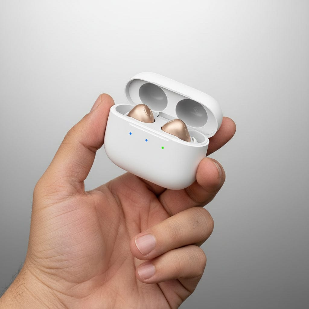 Hand holding Nova hearing aids inside charging case img-2