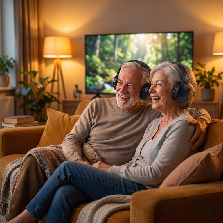 Couple wearing HearClear TV wireless headphones enjoying a show together