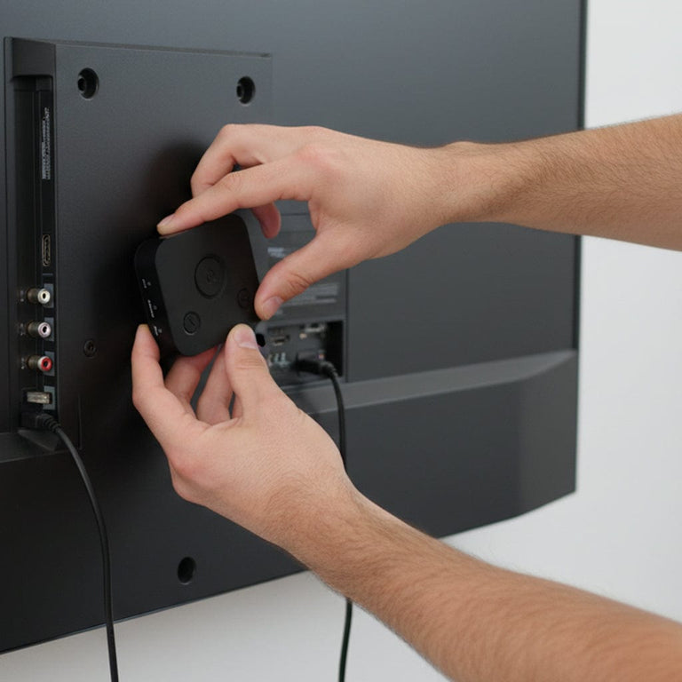 Hands connecting a wireless TV listening transmitter to the back of a television, showing simple setup for personalized TV audio at home